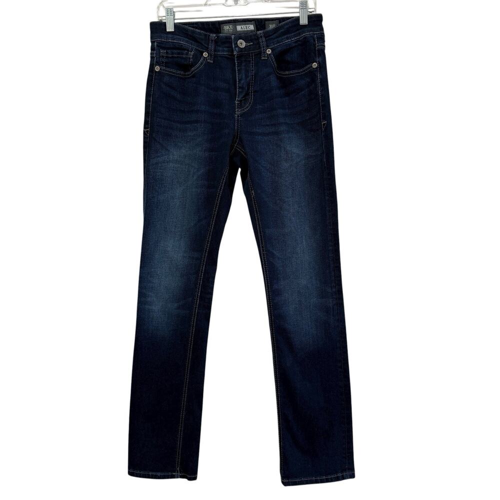 BKE Jeans Mens 31 R Stretch Dark Denim Alec Straight Leg Buckle Distressed Work